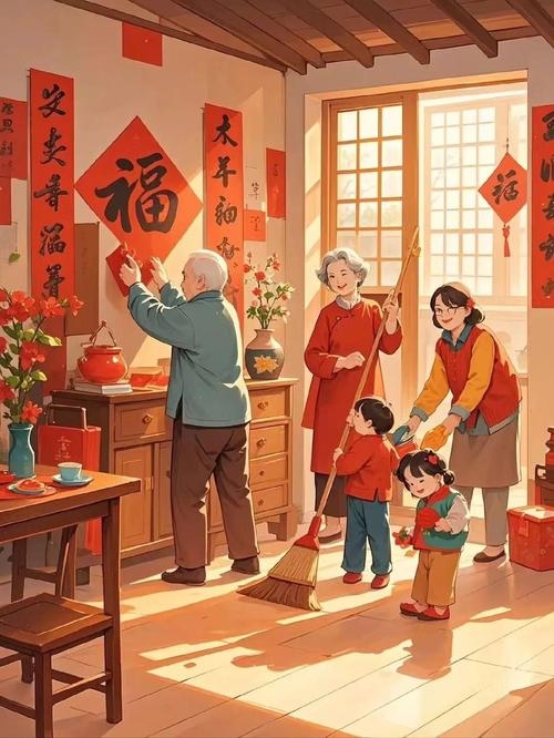 春节风俗画，扫尘、贴春联插图