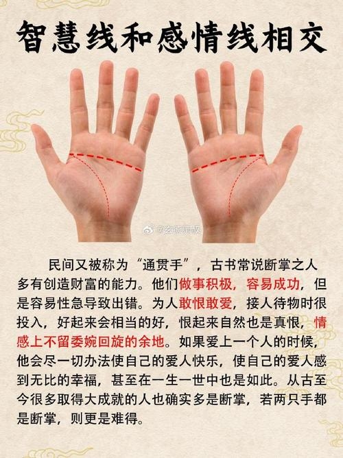 断掌纹女人手相解析，财运亨通、感情专一，命运有极端之势，对亲人运势有影响插图
