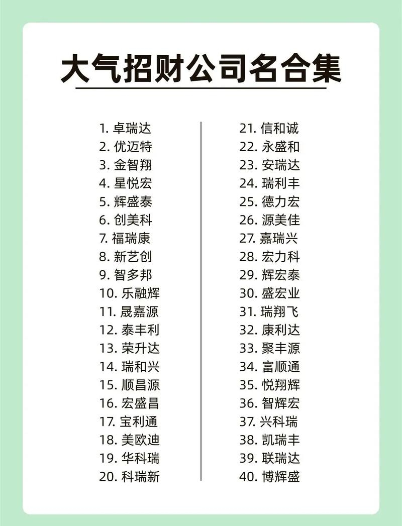 公司取名精选，霸气豪听、寓意聚财的新注册公司名称，以下为公司名称建议（按行业特点分类），，贸易金融类，金瑞盛世，财源汇聚；科技研发类，创新领航，明日腾飞。建筑装修类，华艺匠心，雅居集团。高端大气，吉利招财的企业名字推荐宏泰富汇、兴隆昌盛等。这些名字简洁明了且富有深意，适合作为新公司的名称选择参考之用。插图