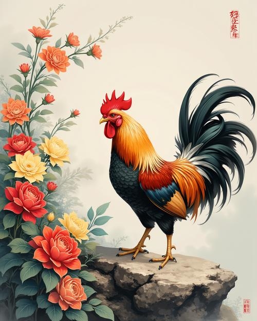红花绿叶生肖鸡插图