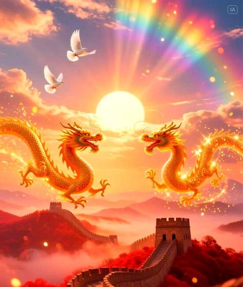 蓝天飞虹指的是生肖龙，象征其飞翔于蓝天的壮丽景象。插图