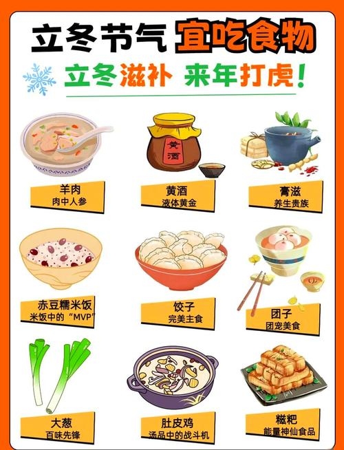 南方人立冬风俗食物多样，经典滋补肉类、地方特色菜品与传统应景美食丰富呈现。插图