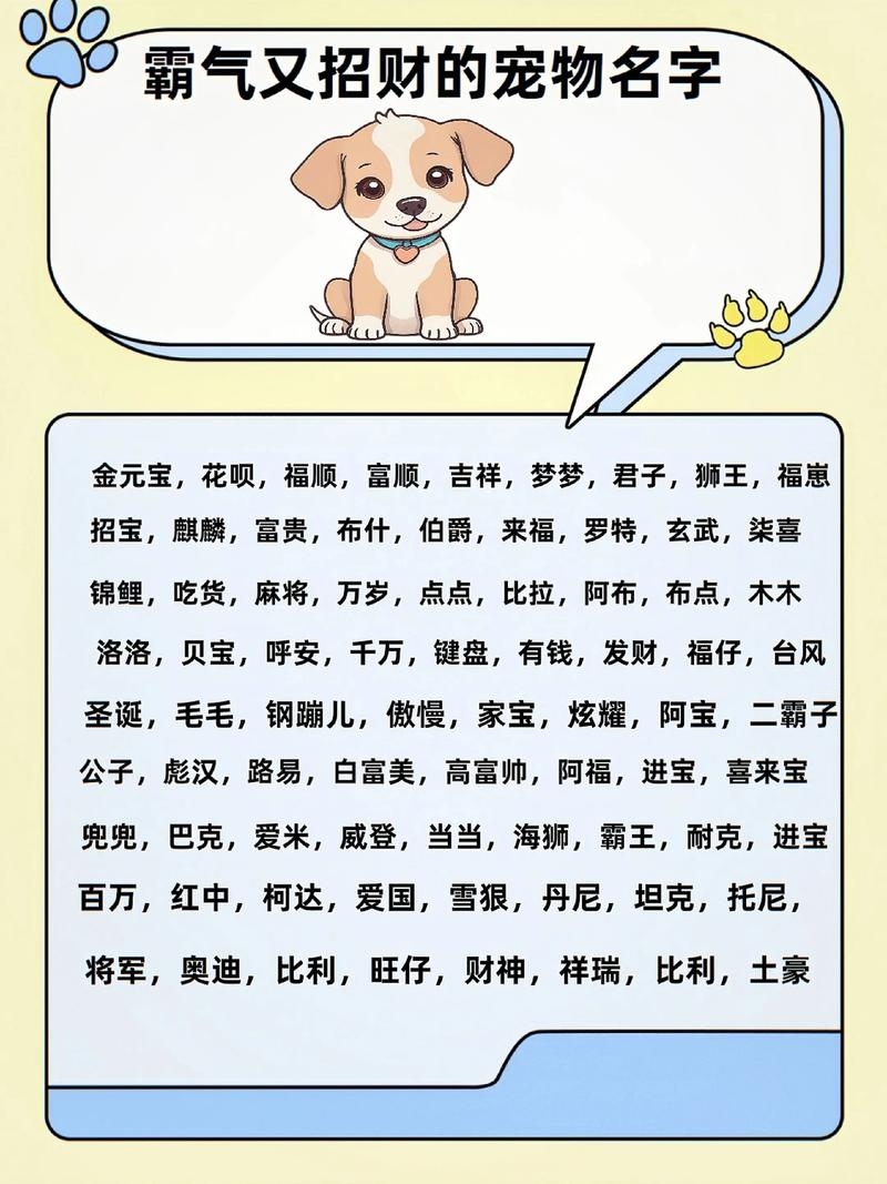 宠物狗名字精选，福气财富寓意浓厚，来福、元宝命名受欢迎，还有霸气聚财的狗狗名如福顺等插图
