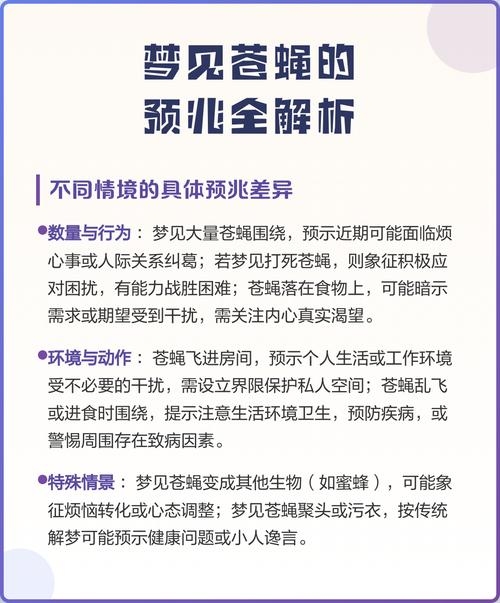 苍蝇梦境解析，预示困扰与小人，梦见成群苍蝇，暗示生活中可能遇到众多令人烦恼的小人或敌人。不同身份的人梦到苍蝇有不同的含义和预兆。女人梦此需注意人际关系或健康；男人则需警惕市场变化带来的损失风险及小人的背后动作。此外，梦中的苍蝇还可能象征警示、提醒注意身体健康问题以及生活中的烦恼等。整体而言，这一梦境预示着现实生活的挑战和问题需耐心面对和解决。插图