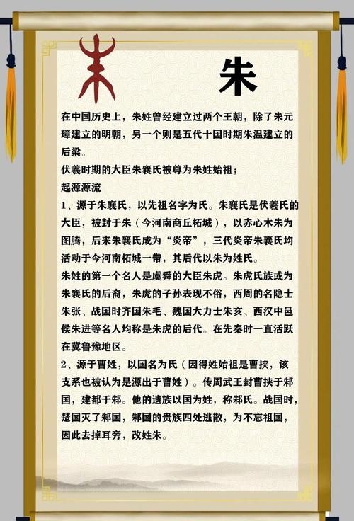 朱姓起源与演变，西周时期，源自曹挟的邾国以国名为氏形成朱姓。战国时楚国灭掉邾国后部分贵族改姓纪念祖国。另一来源是姬姓，宋微子启后裔公子朱的后代也以先祖名字为姓氏。此外，还有鲜卑族、蒙古族等少数民族汉化改姓的情况。更多详细历史背景待探究。标题建议，探寻朱姓之源，从远古到现代插图