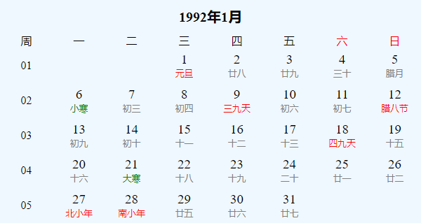 1992年日历查询表插图