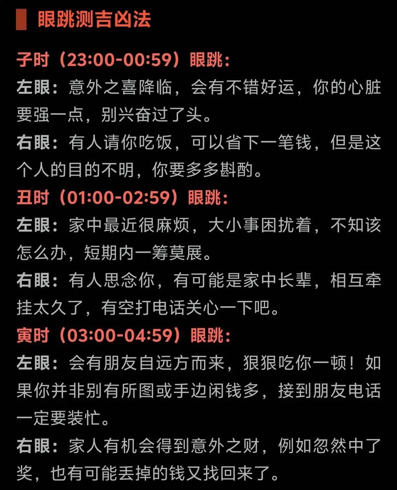 眼睛跳占卜预测吉凶，左上眼皮在不同时辰跳动含义不同，如子时得贵人相助、丑时有忧心事等。，右眼跳灾观念流传久远，但缺乏科学依据。，通过六爻测眼跳可结合五行属性及时间推断运势起伏。插图