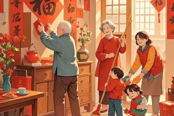 春节风俗画，扫尘、贴春联-红迪亚