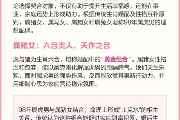 年属虎婚姻运势，可知关于1998年出生属虎人的姻缘和婚配情况。具体来说，，在2025年至未来一段时间内，属虎人财运较好且有机会遇到心仪对象步入婚姻殿堂或顺利脱单；与猪、马、狗等生肖结婚会生活幸福美满。此外，他们对待婚姻非常认真并致力于经营家庭，性格固执但愿意付出一切以追求真爱。因此，可以认为属虎人在这一时期拥有稳定幸福的婚姻和生活状态。-红迪亚
