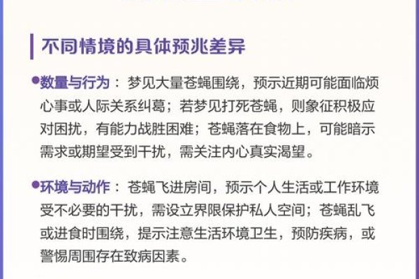 苍蝇梦境解析，预示困扰与小人，梦见成群苍蝇，暗示生活中可能遇到众多令人烦恼的小人或敌人。不同身份的人梦到苍蝇有不同的含义和预兆。女人梦此需注意人际关系或健康；男人则需警惕市场变化带来的损失风险及小人的背后动作。此外，梦中的苍蝇还可能象征警示、提醒注意身体健康问题以及生活中的烦恼等。整体而言，这一梦境预示着现实生活的挑战和问题需耐心面对和解决。-红迪亚